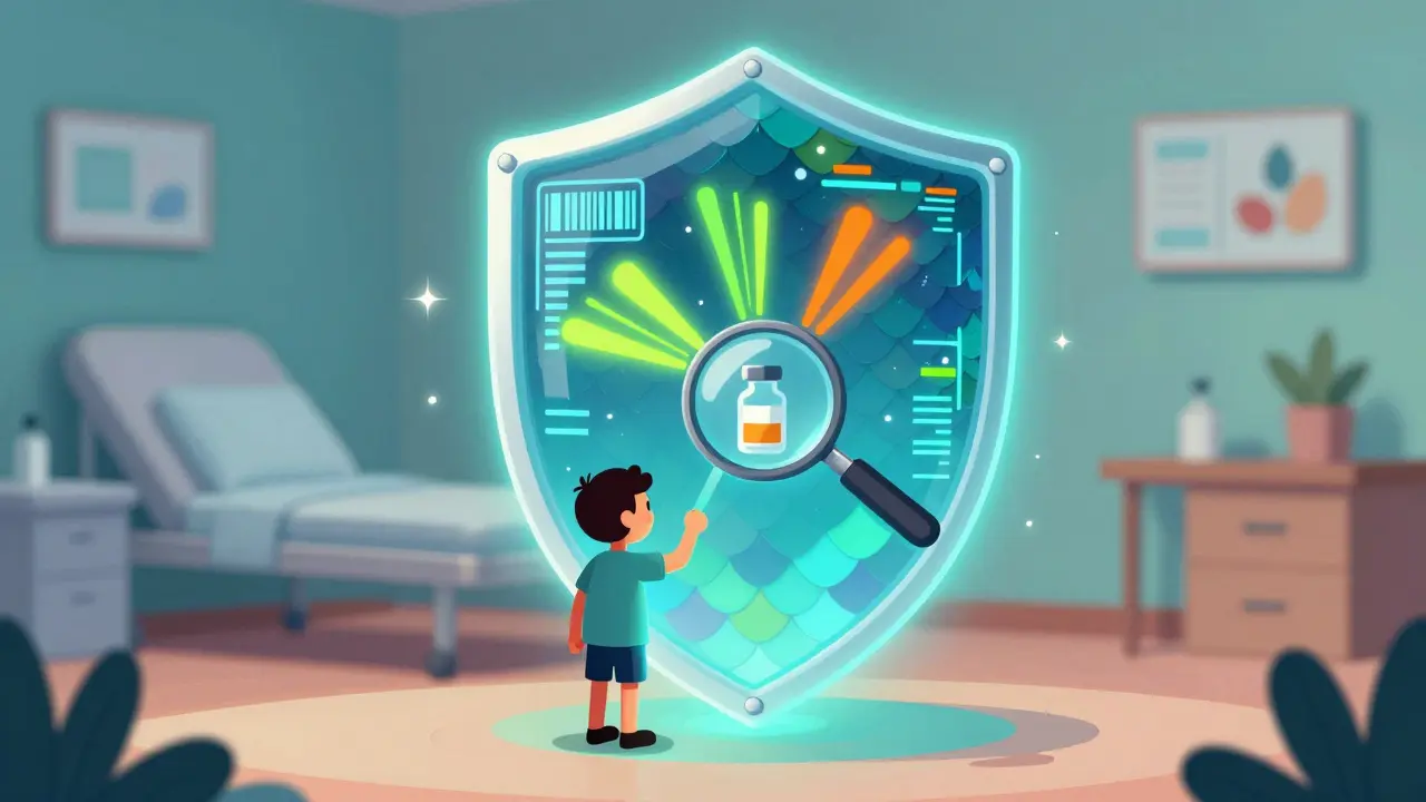 Digital safety shield scans a medicine bottle in colorful art style.