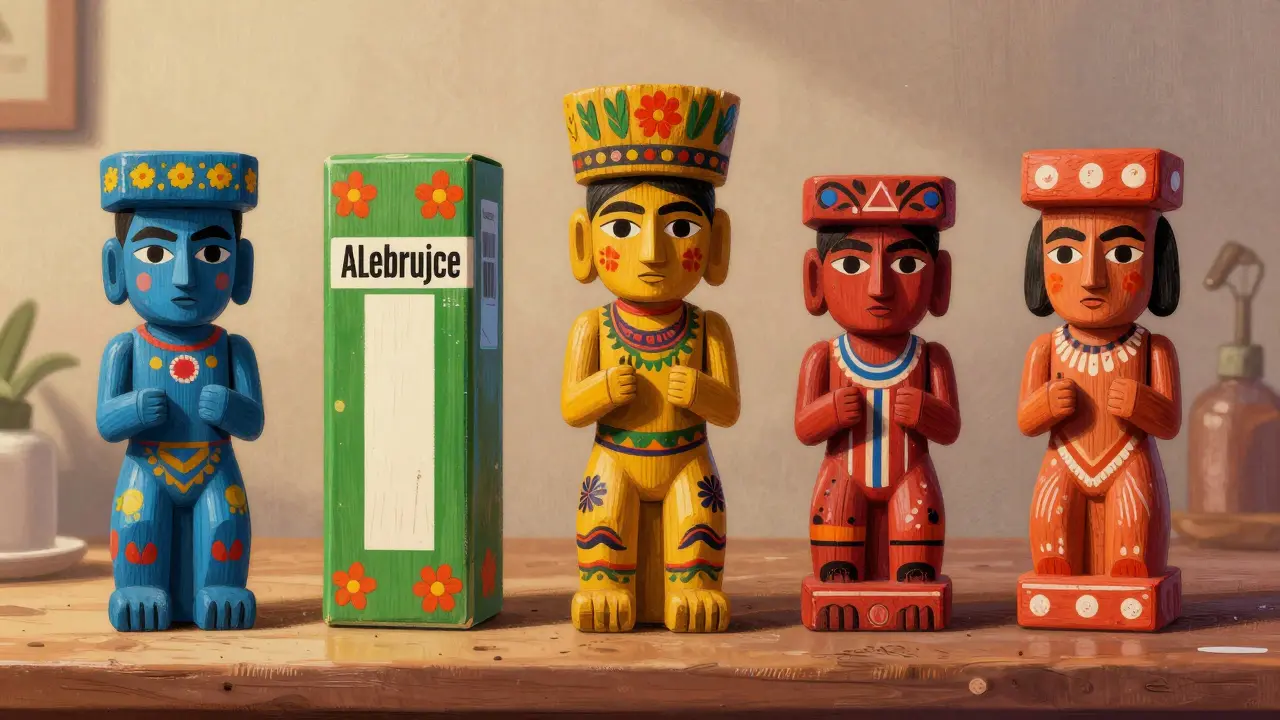 Diverse alebrije painted medicine boxes show confusing similarities.