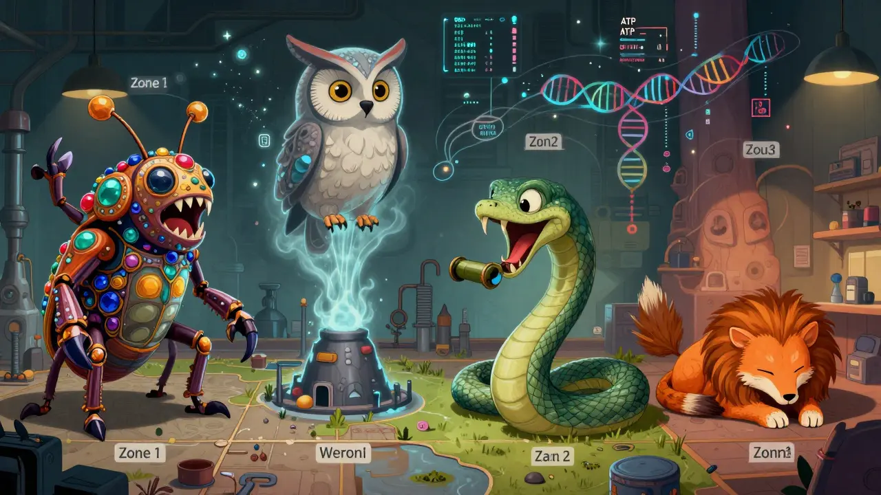 Four mythic creatures representing contamination zones rising from a factory floor in colorful Alebrije illustration style.