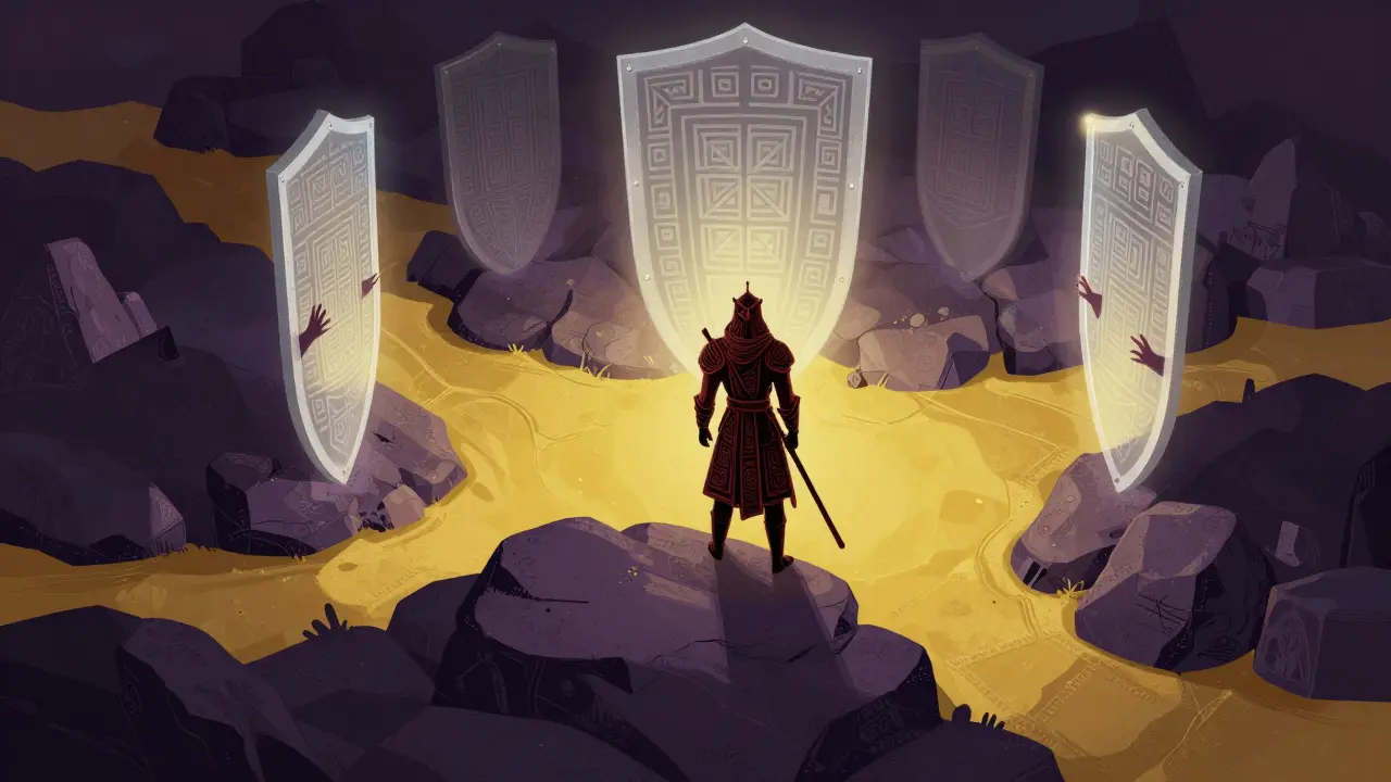 Guardian creature standing over terrain with glowing legal protection shields.