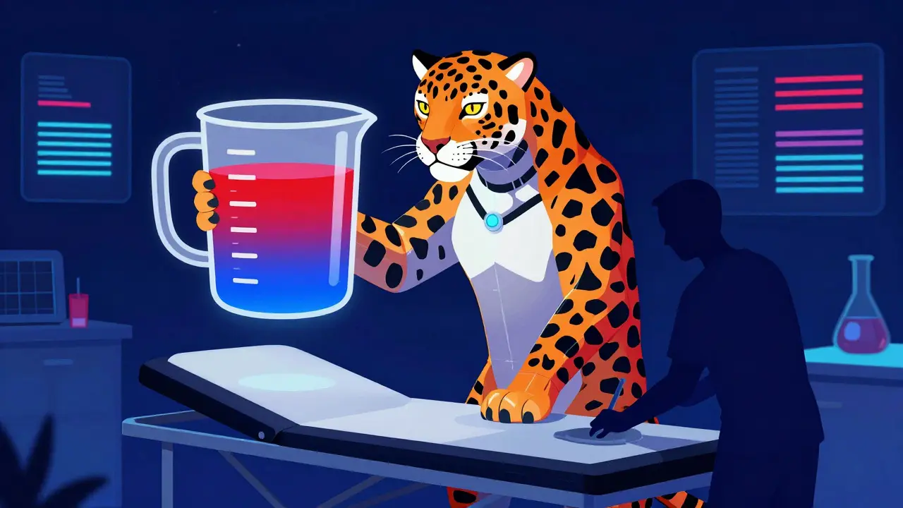 Protective jaguar spirit holding medical measuring cup