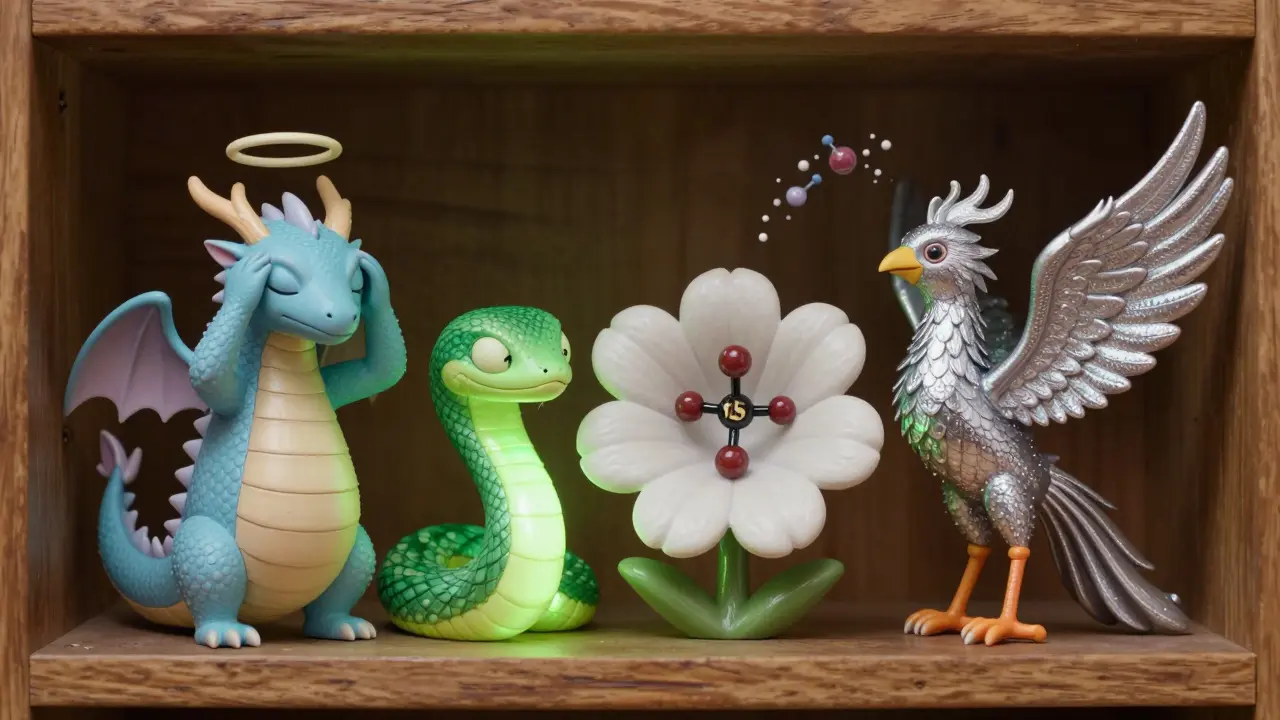 Three colorful anthropomorphic antihistamine pills beside a blooming H1 receptor with a phenyl group lodged inside, rendered in Alebrije style.