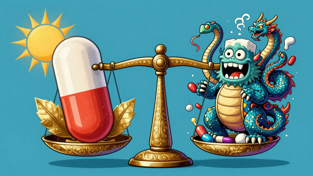 Two pills on a scale: one calm, one burdened by colorful, mythical excipient creatures.