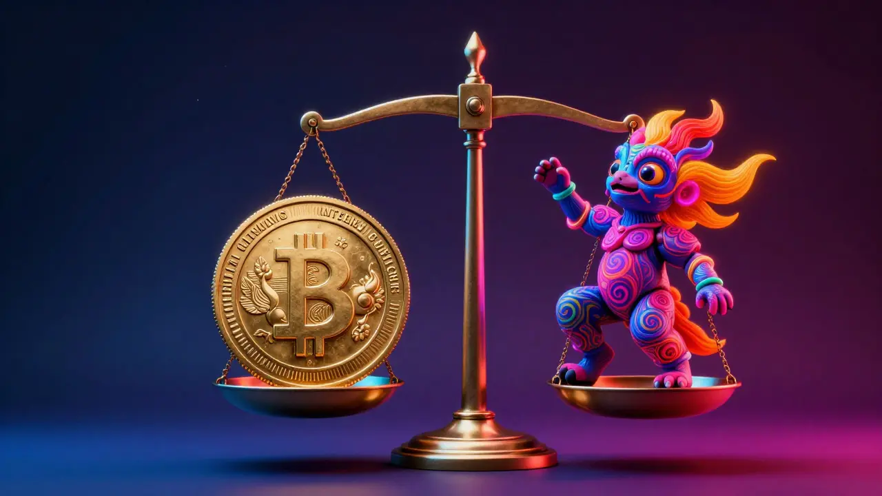 A colorful Alebrije creature balancing a scale against a gold coin to symbolize savings.