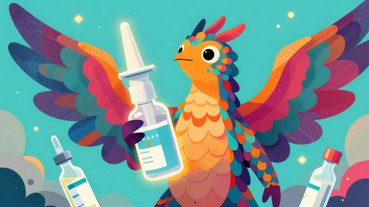 A fantastical Alebrije creature holding stylized medical tools in a vivid, colorful composition.