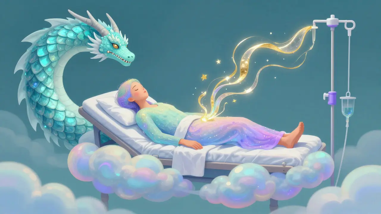 A multicolored spirit being recovering in a surreal Alebrije medical setting with golden fluids.