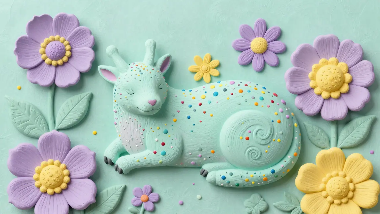 A serene, colorful hybrid creature resting in a patterned Alebrije garden