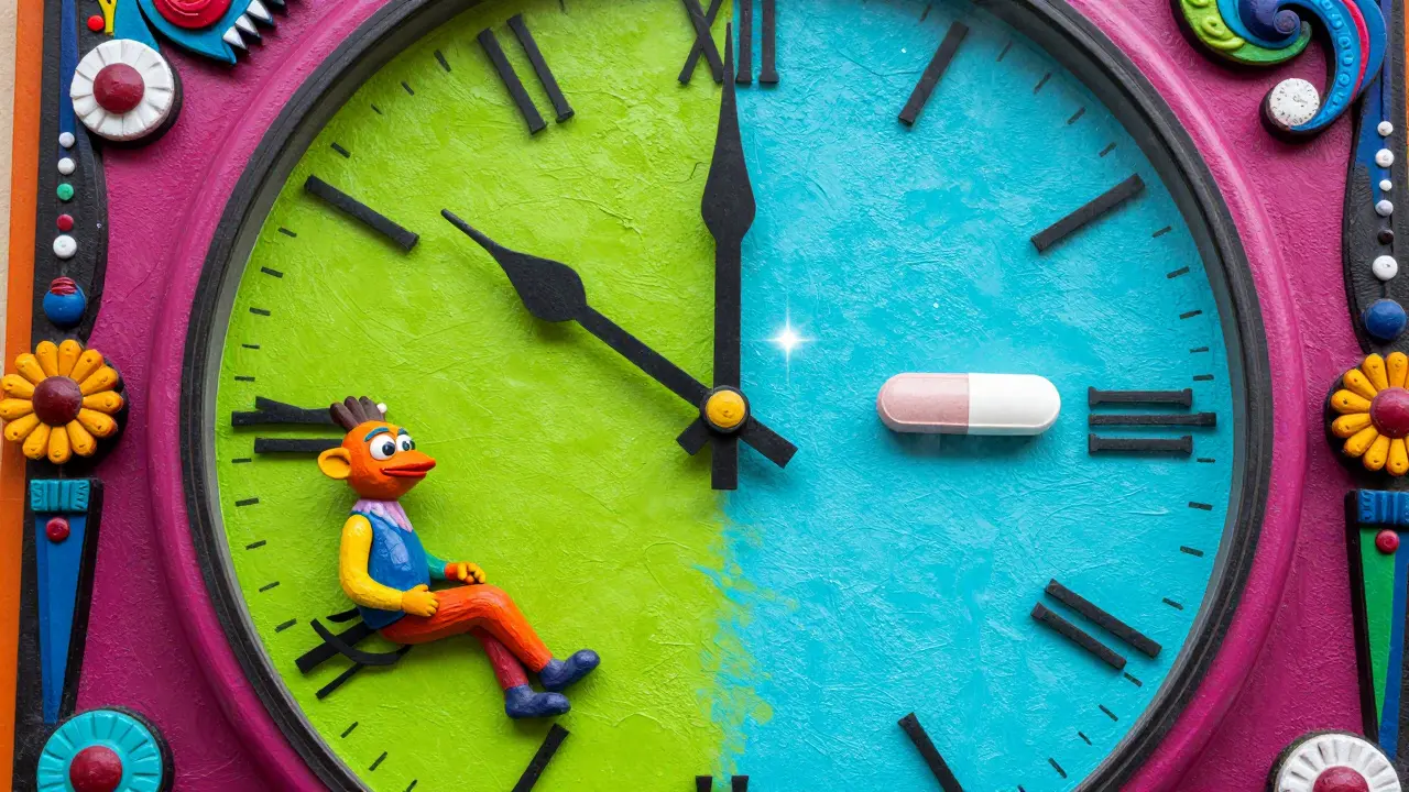 A vibrant Alebrije clock showing the safe time gap between calcium and medication.