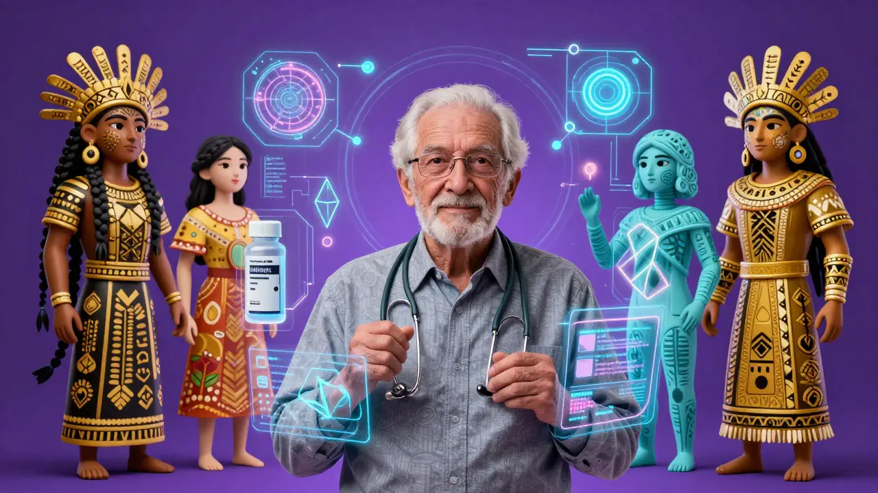 Alebrije art of an elderly person surrounded by vibrant holographic data patterns.