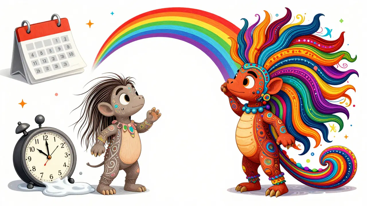 Alebrije creature showing a transformation from thinning hair to a lush mane.