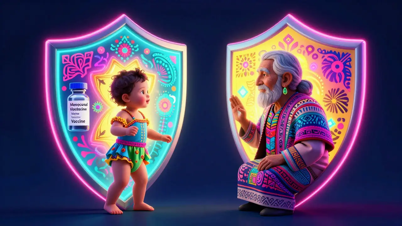 An infant and an elderly person protected by glowing, colorful Alebrije shields