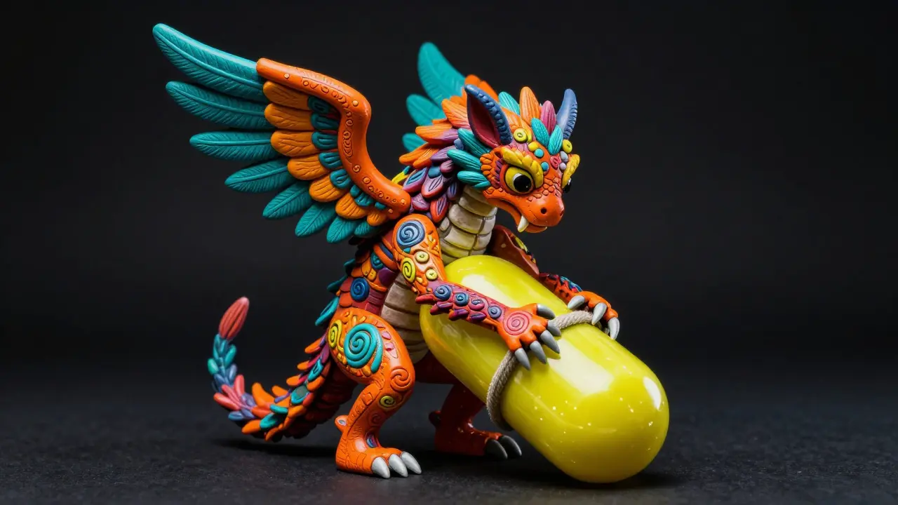 An ornate Alebrije iron creature binding and holding an antibiotic molecule.