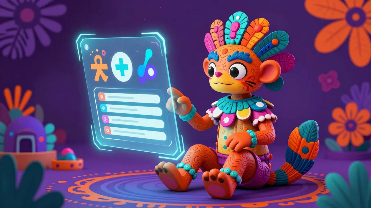Bright Alebrije creature using a glowing holographic telehealth interface.