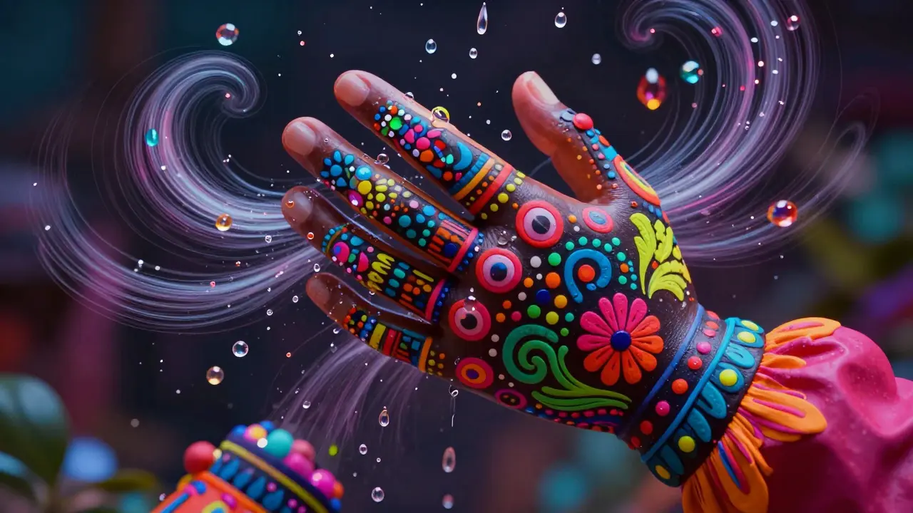 Colorful Alebrije art of shaking hands with intricate neon patterns and shimmering sweat beads.