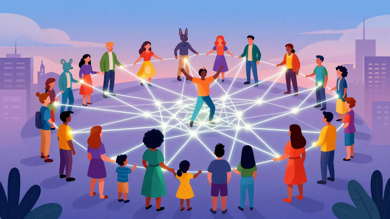 Colorful Alebrije figures connected by glowing threads forming a supportive community web.