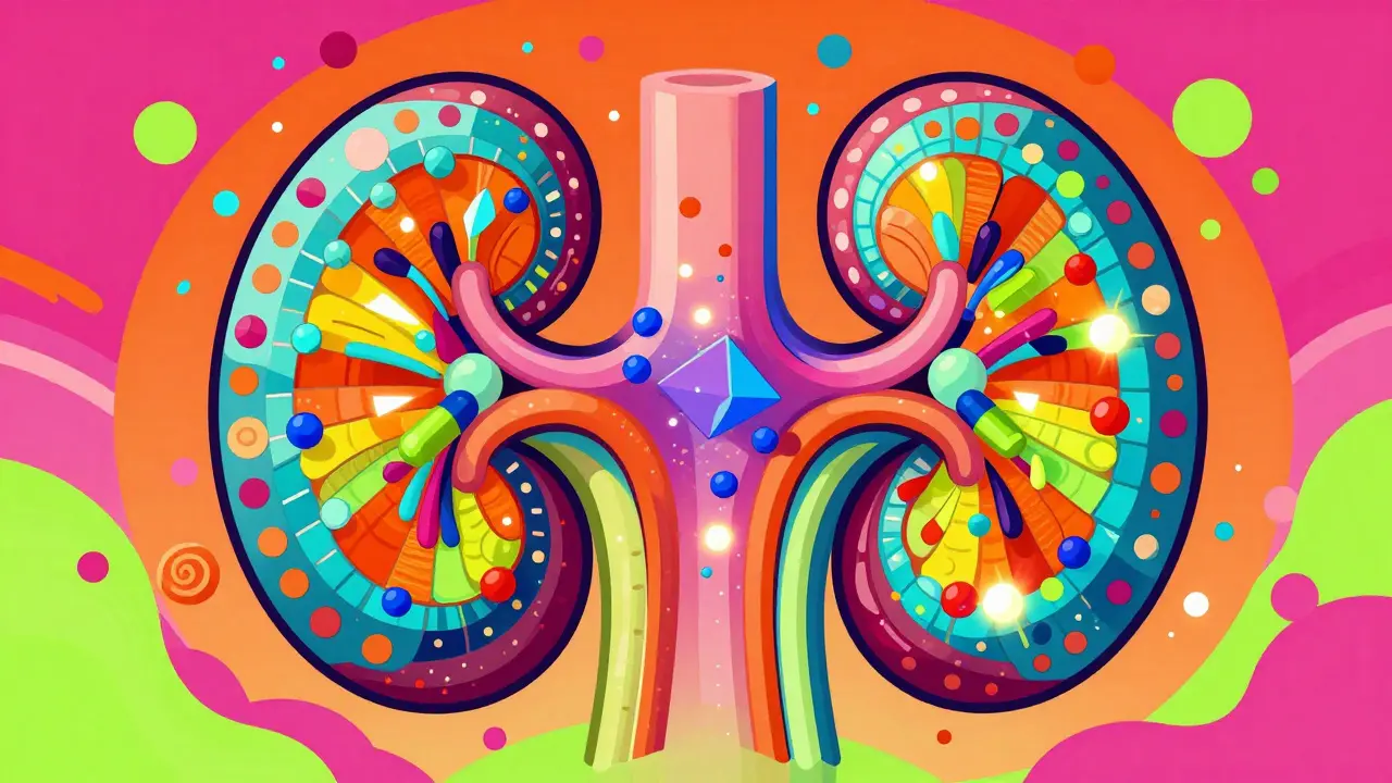 Colorful Alebrije illustration of a mosaic kidney filter with glowing medication molecules.