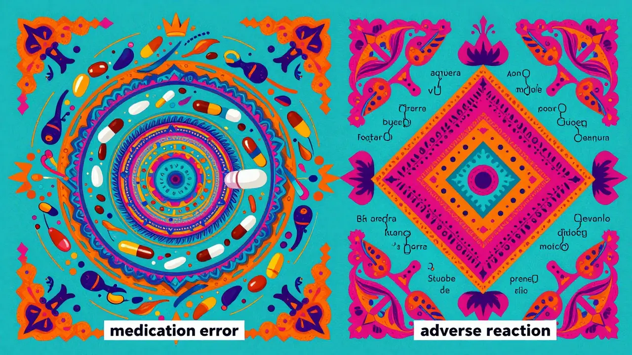 Conceptual Alebrije art contrasting medication errors and adverse drug reactions