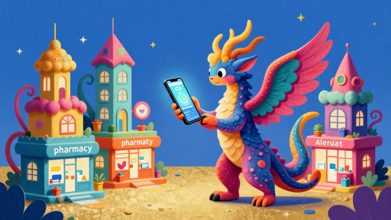 Fantastical Alebrije creature using a glowing phone to shop at colorful online pharmacies.