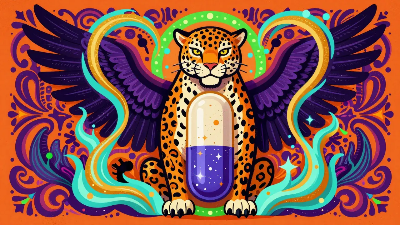 Fantastical hybrid creature holding a stylized medicine tablet