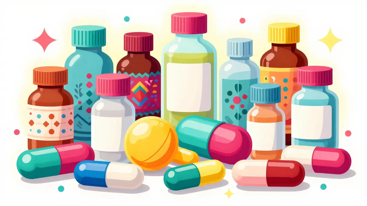 Intricately patterned colorful tablets and medication bottles in Alebrije folk-art style.