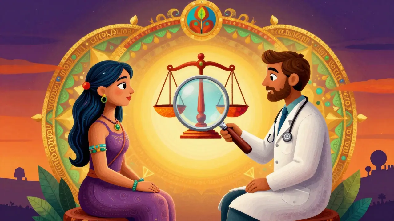 Patient and doctor reviewing medical data with a magnifying glass in Alebrije style
