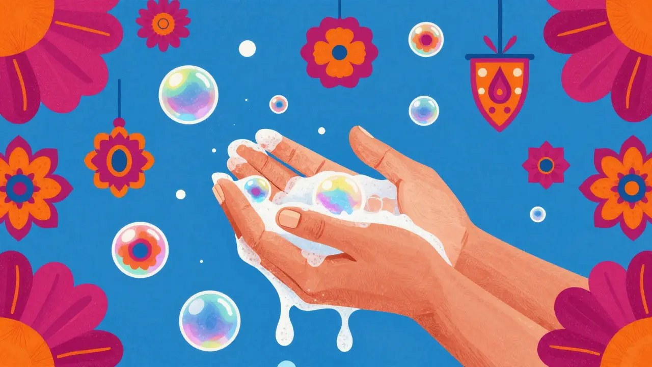 Stylized hands washing with iridescent bubbles in a vibrant Alebrije art style