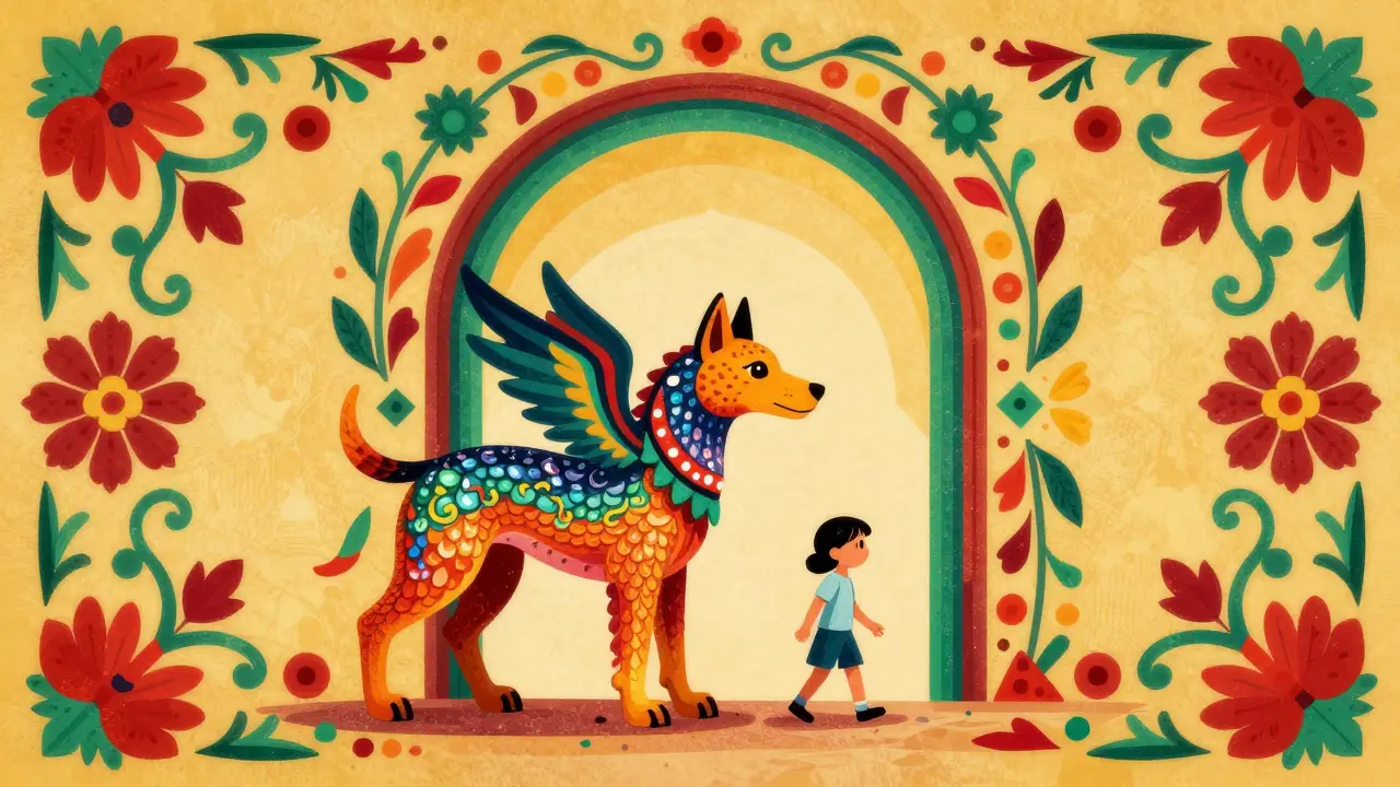 Vibrant Alebrije creature guiding a person through a colorful portal