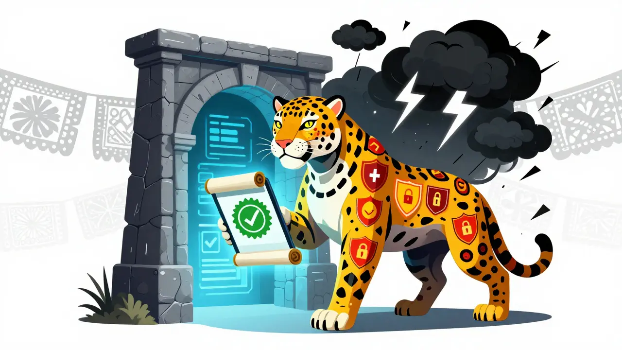 A guardian alebrije jagaur standing before a secure digital portal, blocking dark scams.