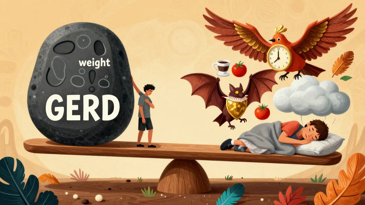 Alebrije illustration of lifestyle changes balancing GERD symptoms