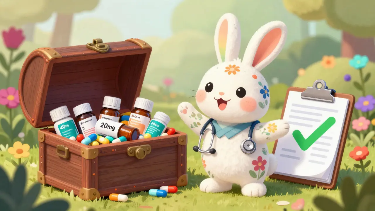Alebrije rabbit with treasure chest of pills and a medical checklist