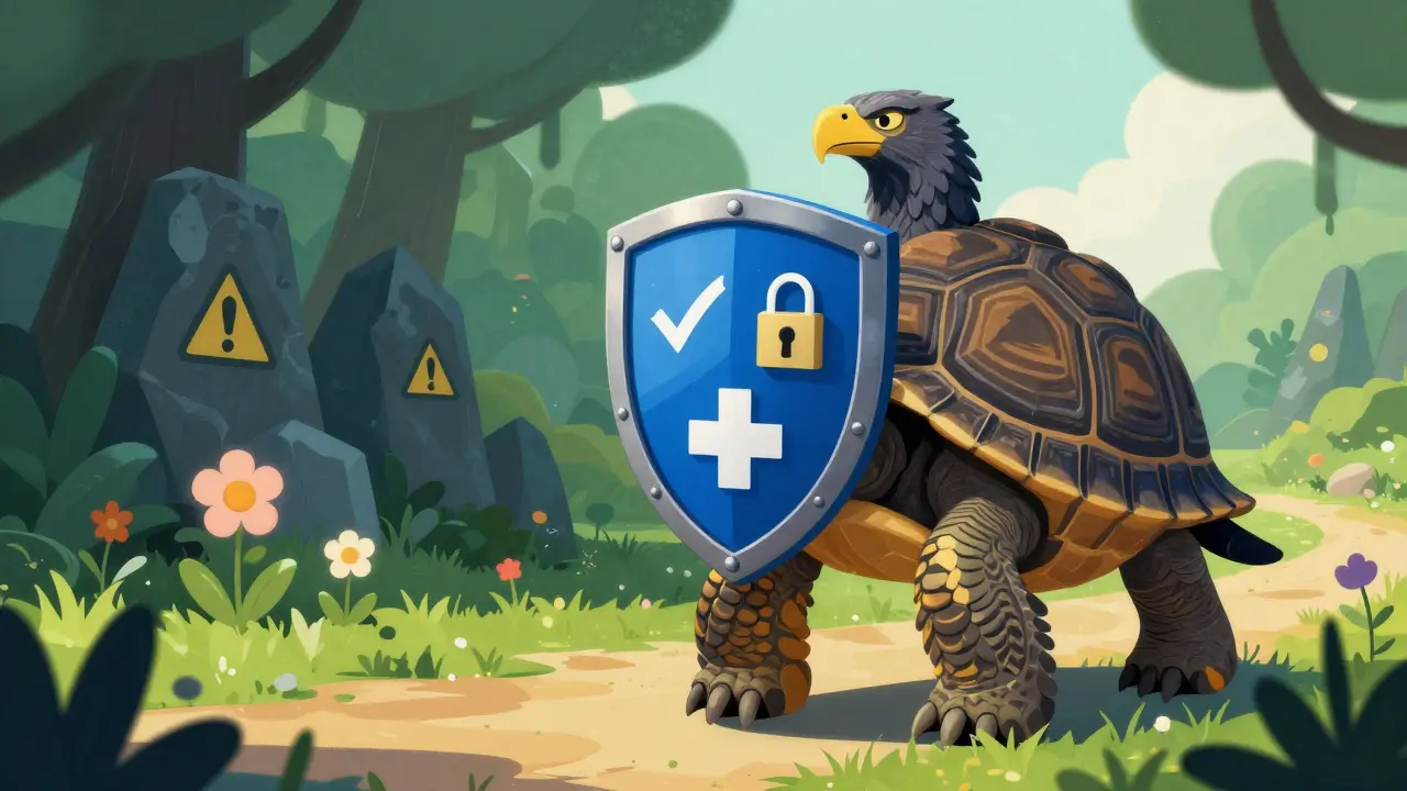 Alebrije turtle holding a safety shield against online pharmacy scams