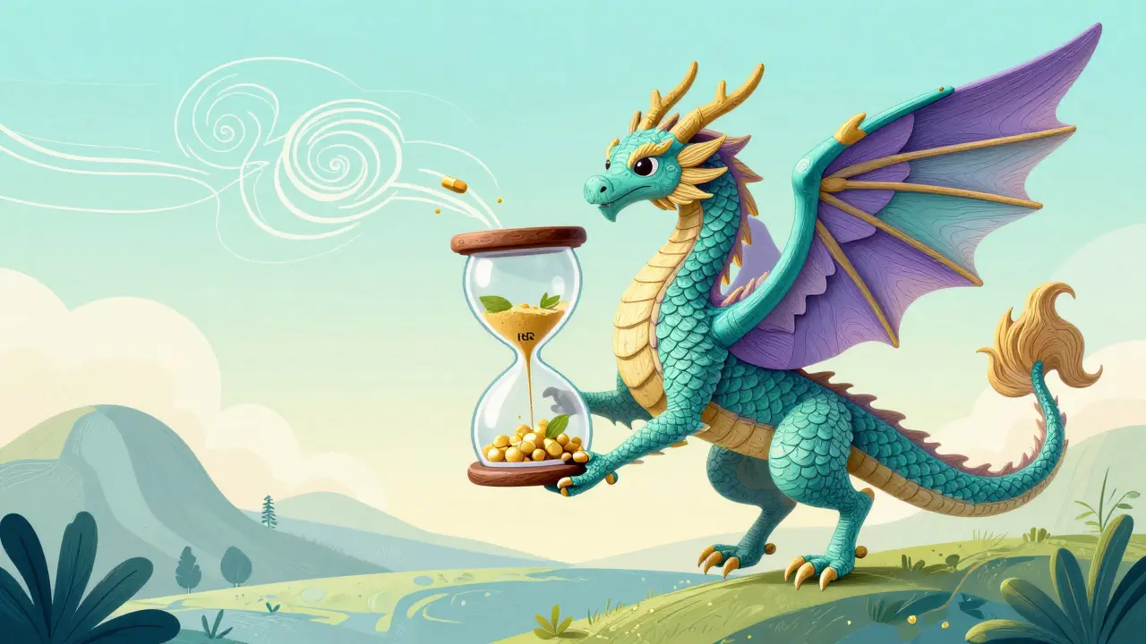 An alebrije dragon balancing an hourglass filled with pills and leaves for health stability.