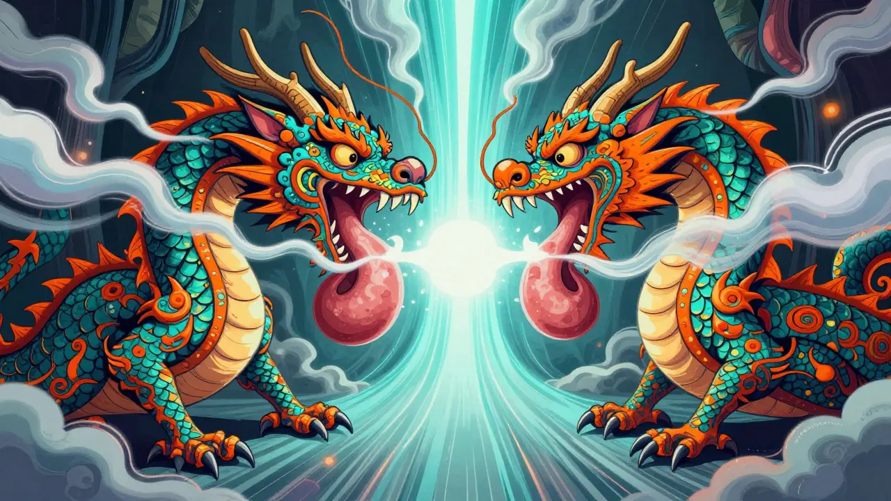 Fantastical Alebrije dragons blocking an airway tunnel to represent enlarged tonsils