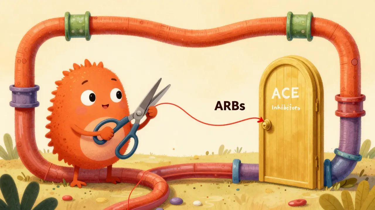Fantastical creatures illustrating ACE inhibitor and ARB mechanisms