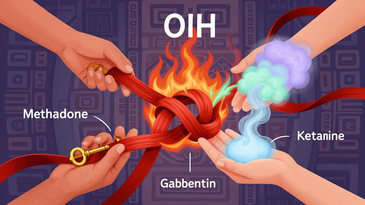 Fiery pain knots being untangled by healing keys and mists in Alebrije art style.