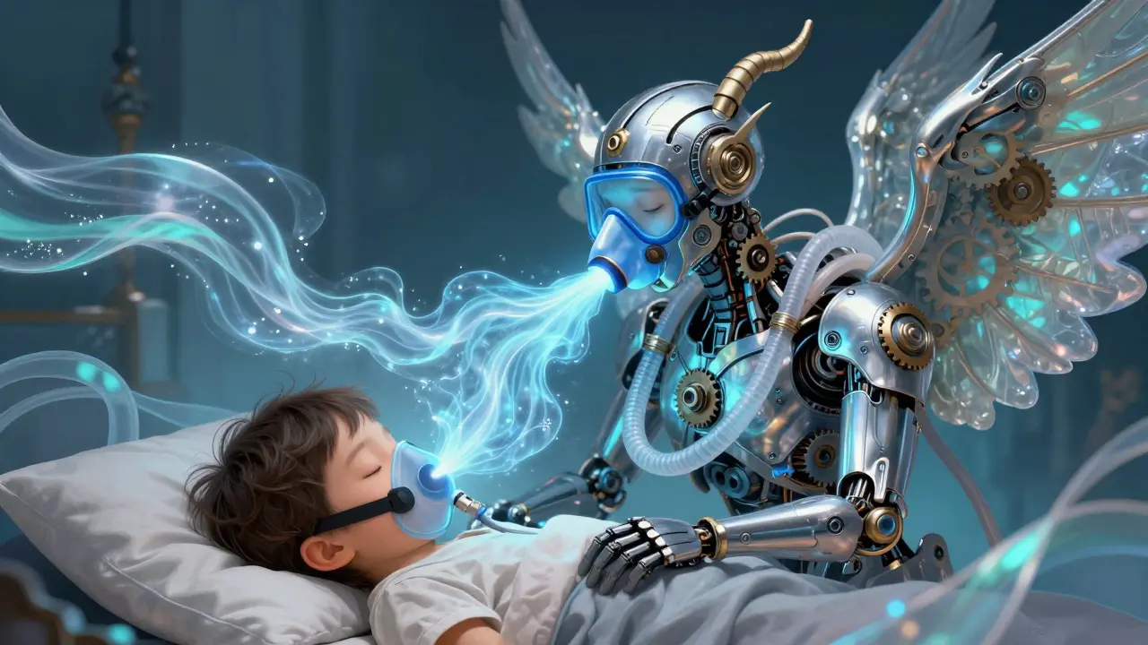 Magical Alebrije CPAP guardian blowing healing air onto a sleeping child's face