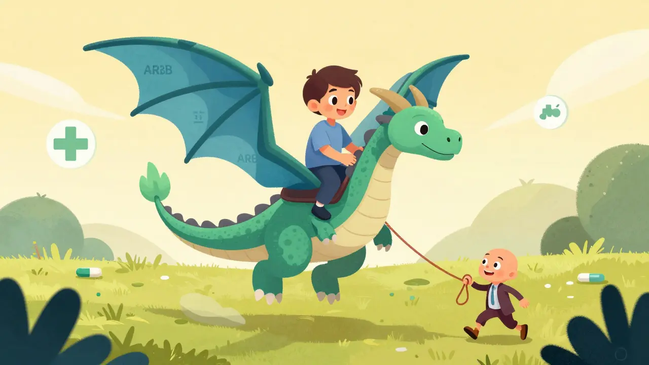 Patient riding alebrije dragon through medical symbol landscape