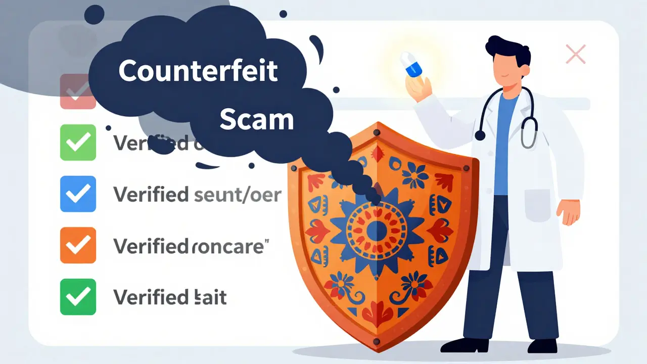 Protective shield of safety seals blocking scams, revealing safe medication.