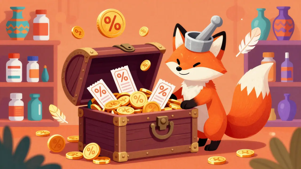 Whimsical Alebrije fox guarding a chest of savings and pharmacy discounts