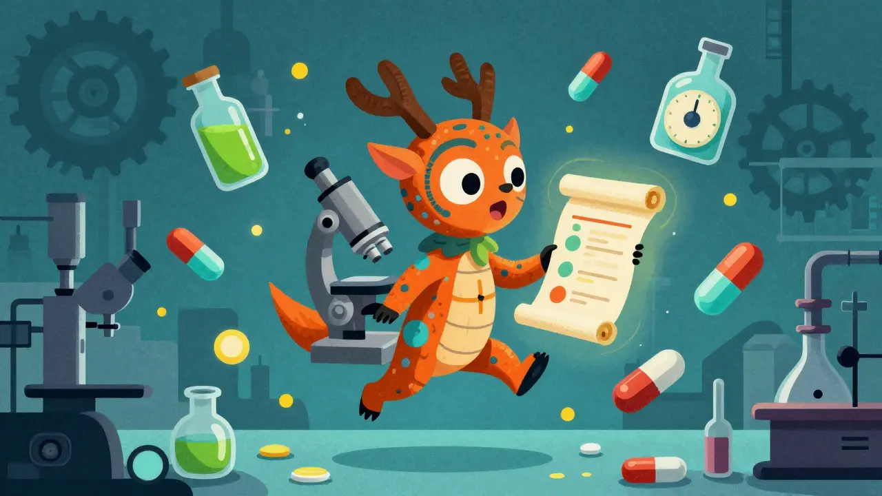 Whimsical alebrije microscope clock validating drug stability
