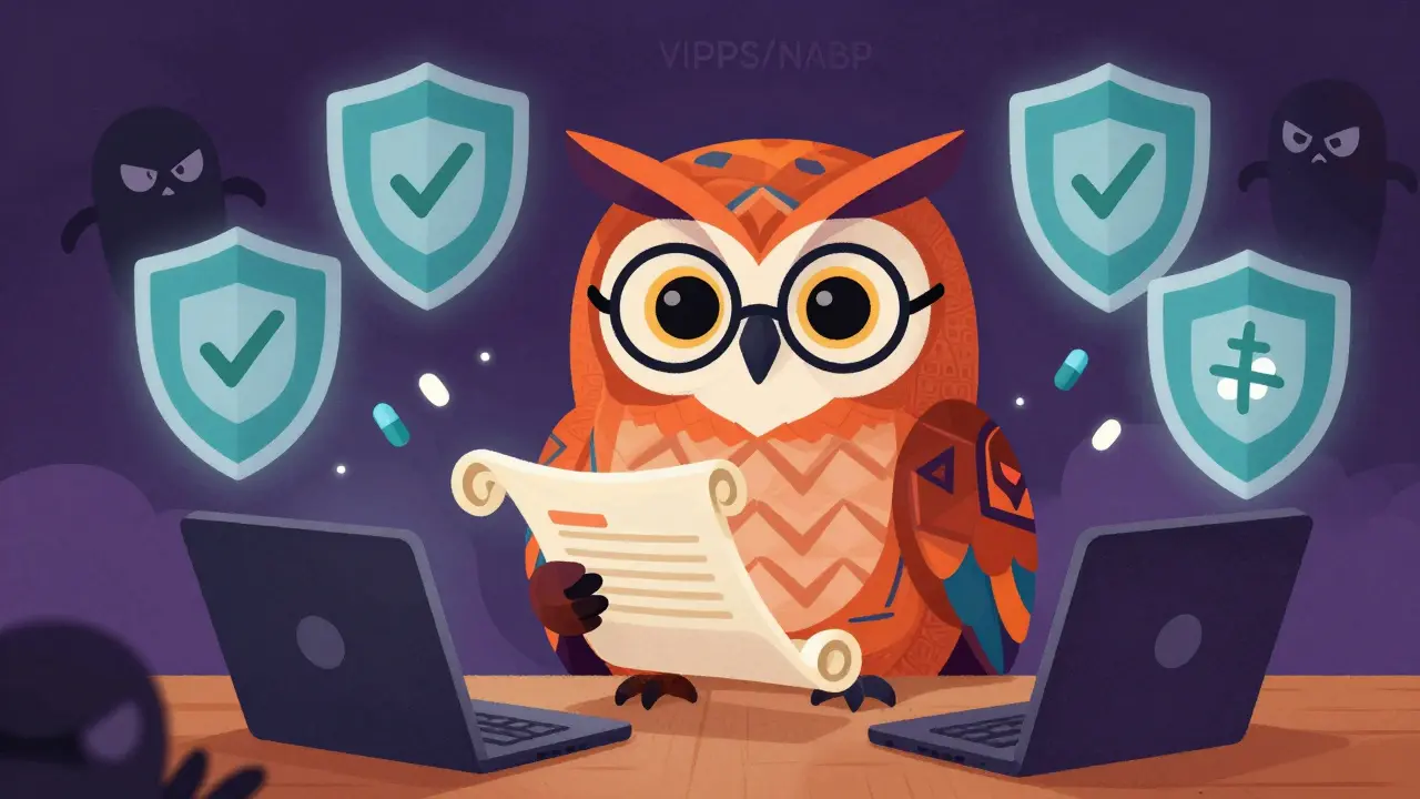 Wise owl alebrije holding a secure digital prescription scroll