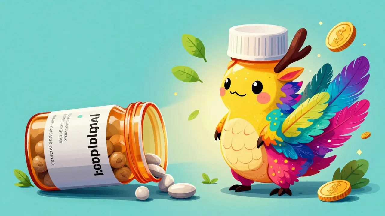 A whimsical Alebrije creature representing affordable generic medicine transforming from a dull pill bottle.