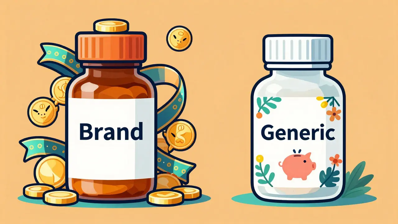 Alebrije art comparing expensive brand vs cheap generic medicine
