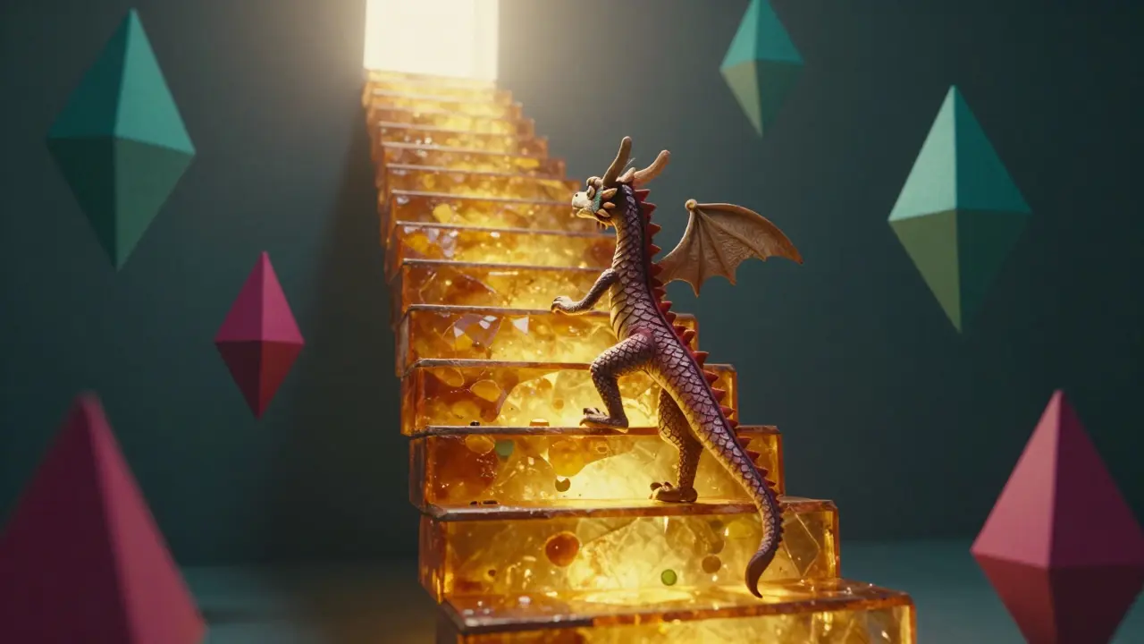 Alebrije dragon climbing glowing amber stairs representing incremental drug doses