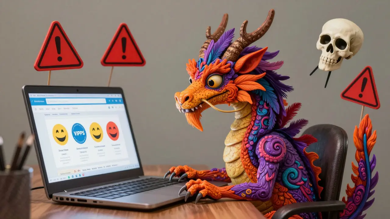Alebrije dragon safely browsing verified online pharmacies on a laptop