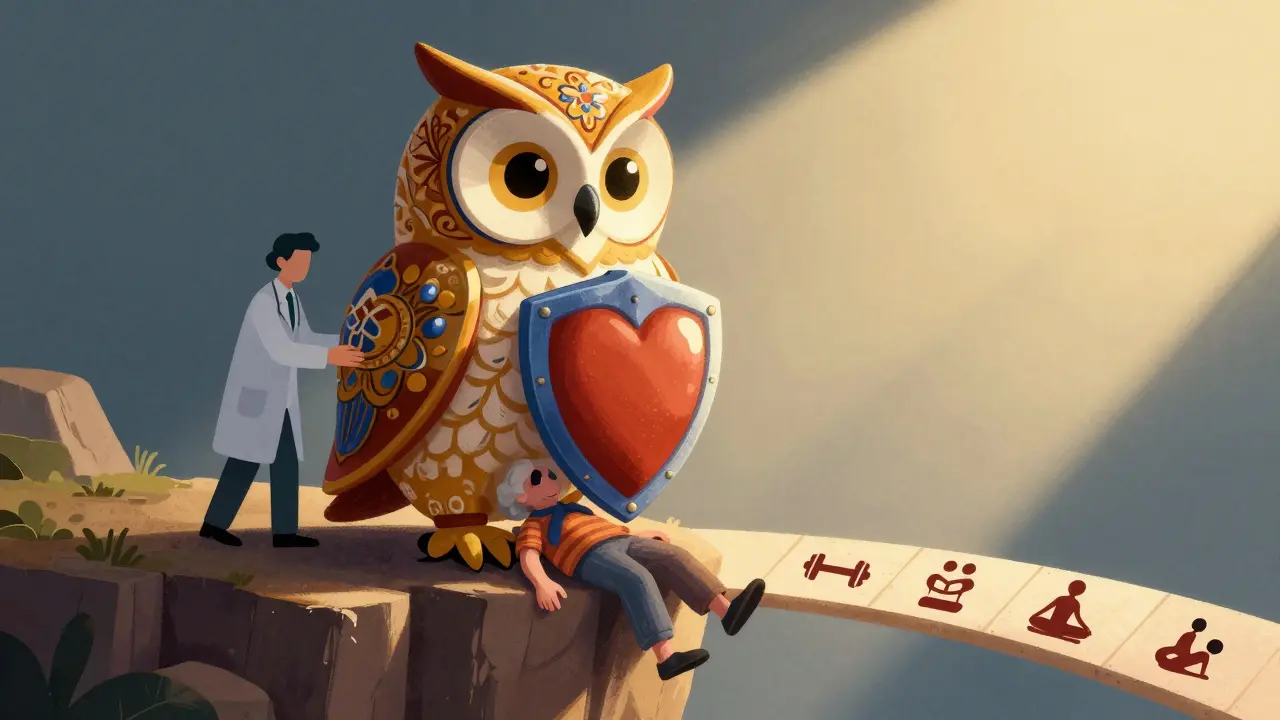 Alebrije owl protector shielding a person from falling, representing safe medication management.