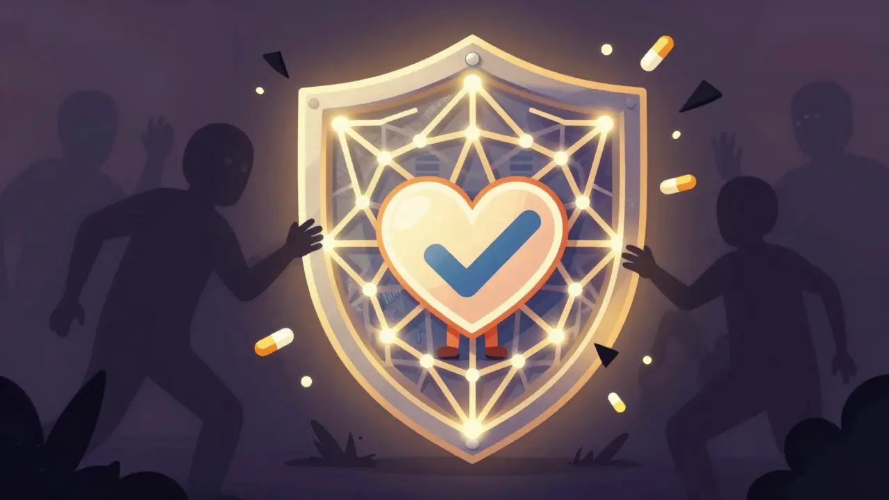 An Alebrije-style protective shield guarding a heart from shadowy scam figures in a vibrant illustration.