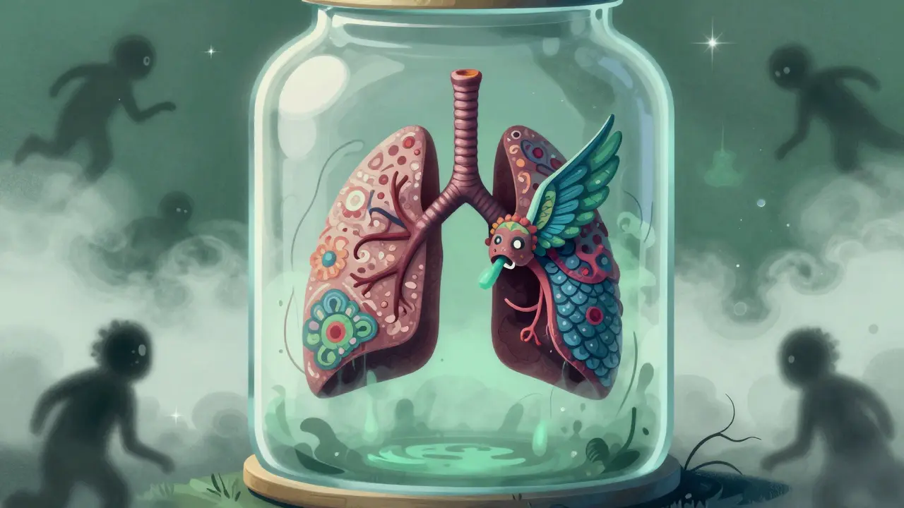 Colorful Alebrije lung creature trapped in a jar of fog, symbolizing breathing issues.
