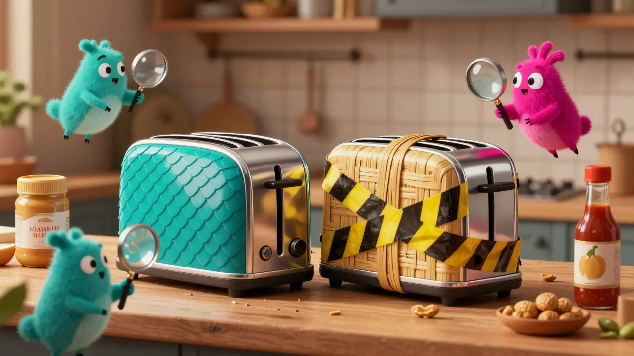 Colorful illustration of a safe kitchen with protective spirits checking food containers