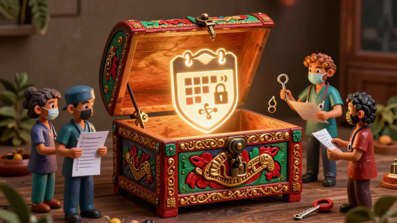 Decorated safe chest with glowing shield symbolizing medication safety
